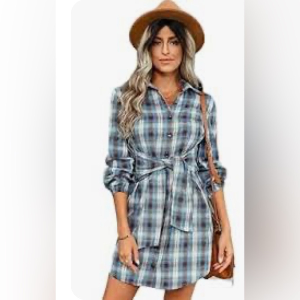 Blue and White Button Down Shirt with Notched Collar and Tie Front
